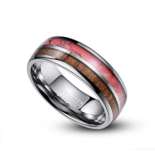 Factory Direct Sales Silver 8mm Tungsten Carbide Finger Ring Koa Wood Inlay Couple Engagement Wedding Bands