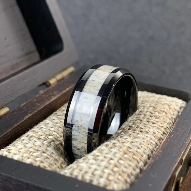 Fashion Jewelry 8mm New Arrival Black Tungsten Ring Men Women Fashion Engagement Wedding Band Deer Antler Inlay