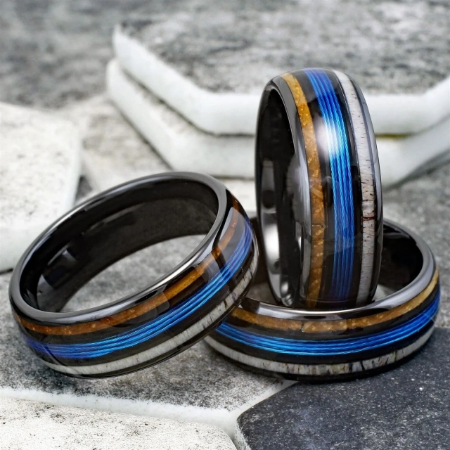 Wholesale Bulk Fine Jewelry Fashion New Design Blue Stainless Steel Fishing Line Black Plated Men Rings