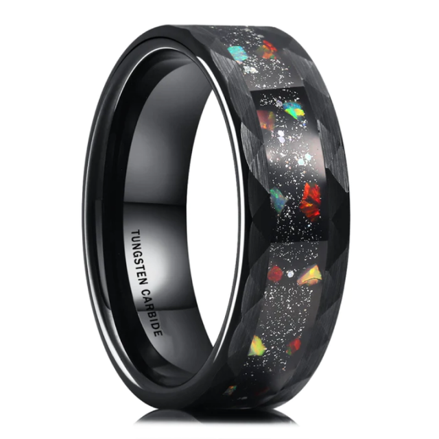 Tungsten Ring Wholesale Price 8mm Hammered Tungsten Ring Meteorite Chip Opal Inlay Fashion Engagement Wedding Band