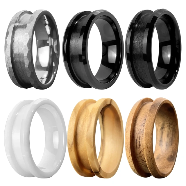 Fashion Jewelry Trend Luxury 8mm Wood Inlay Hammered Silver Tungsten Ring for Men Women Fashion Engagement Wedding Band