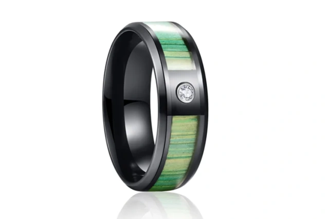Guangzhou Fine Jewelry 8mm Tungsten Carbide Steel Men Ring Kao Wood CZ Stone Inlay Ring Wedding Rings Couple Set