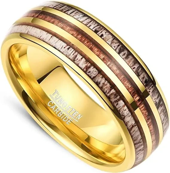 Men Luxury Ring 8mm Vintage Style Antler Wedding Band Men Tungsten Carbide Ring With groove Inlay Antler and Wood Comfort Fit