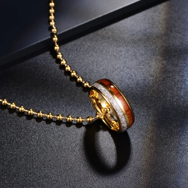 8mm Gold Plated Tungsten Ring With Koa Wood Imitated Meteorite Inlay