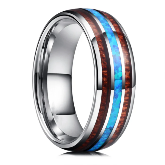 Antler Koa Wood Black Fire Galaxy Blue Green Opal Tungsten Carbide Rings With Coffee Plating