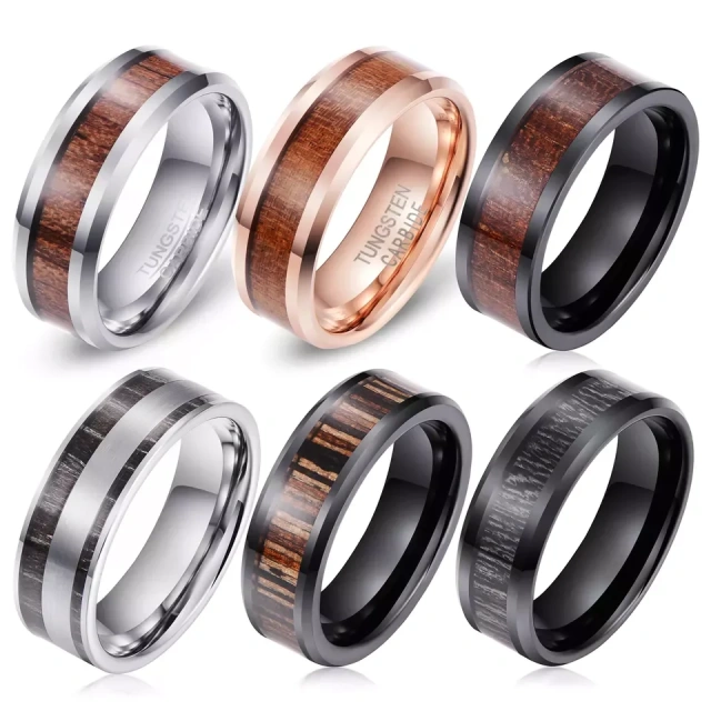 Wholesale Fashion Rings 8mm Koa Wood Inlay Punk Black Tungsten Rings for Men Women Engagement Wedding Band Comfort Fit
