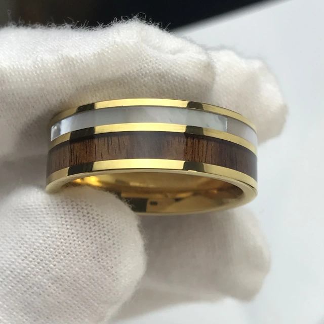 Guangzhou Wholesale Jewelry Luxury 8mm Abalone Shell Acacia Wood Rings Tungsten Wedding Band Man Ring for Men Comfort Fit
