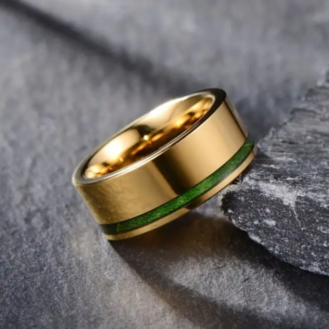 Wholesale Price Hot Selling Gold Plated Tungsten Carbide Ring Inlay Green Wood for Men Jewelry 14K 18k Gold Plated Men Jewelry