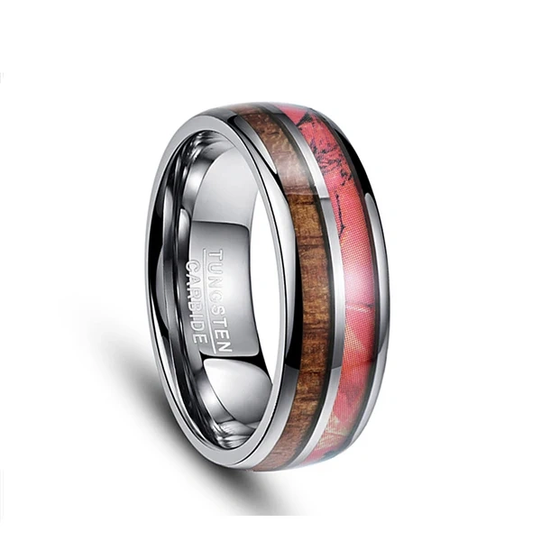 Factory Direct Sales Silver 8mm Tungsten Carbide Finger Ring Koa Wood Inlay Couple Engagement Wedding Bands