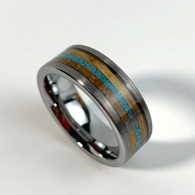 Ouyuan Jewelry 8mm Gunmetal Tungsten Ring for Men Women Crushed Turquoise Koa Wood Inlay Fashion Engagement Wedding Band