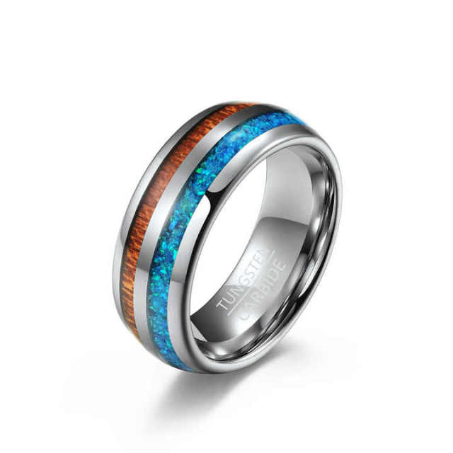 Wholesale Fashion Jewelry Tungsten Ring Abalone Shell Blue Opal Koa Wood Inlay for Men Women Engagement Wedding Band