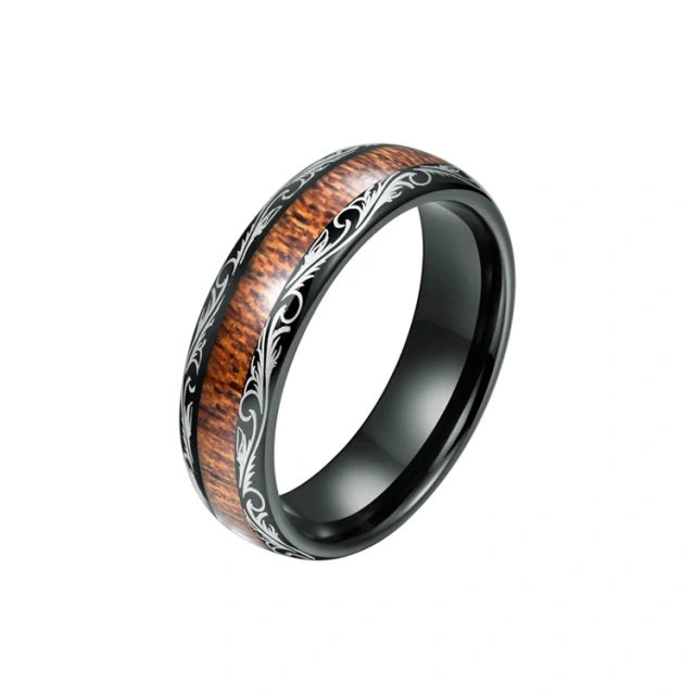 8MM Black Brushed Tungsten Carbide Wood Ring Wedding Ring Couple Set Rings