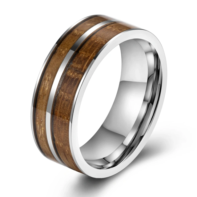 China Factory Sell Silver Plated Wood Inlay Wedding Band Men Tungsten Ring Inlay Whisky Wood and Koa Wood comfort It Ring