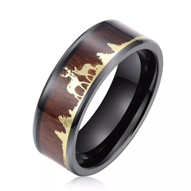 8mm Antlers Tungsten Carbide Rings Vintage Men Rings Wood Inlay Galaxy Rings