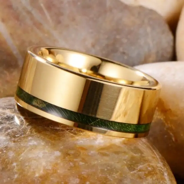 Wholesale Price Hot Selling Gold Plated Tungsten Carbide Ring Inlay Green Wood for Men Jewelry 14K 18k Gold Plated Men Jewelry