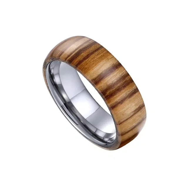 Best Price Fashionable Tungsten Steel Ring 8mm High Quality Brushed Center Inlaid Whiskey Barrel Wood Beveled Edges Number Shape