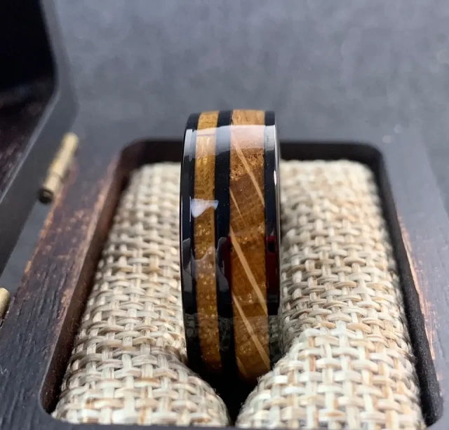 Personalized Ring 8mm Whisky Koa Wood Tungsten Carbide Ring for Men Women Engagement Wedding Band Comfort Fit