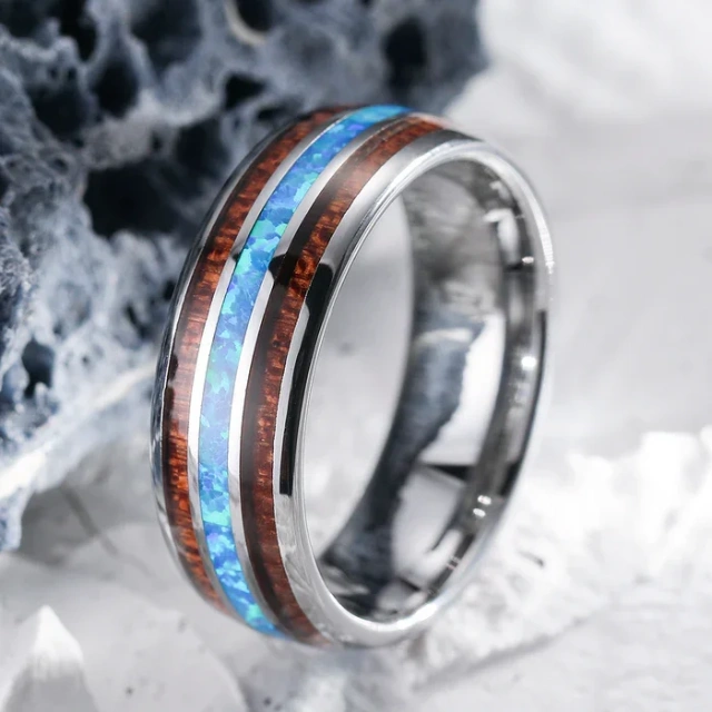 High Polished Domed Style 8mm Silver Tungsten Ring for Women Men Blue Opal Mahogany Wood Inlay Fashion Jewelry