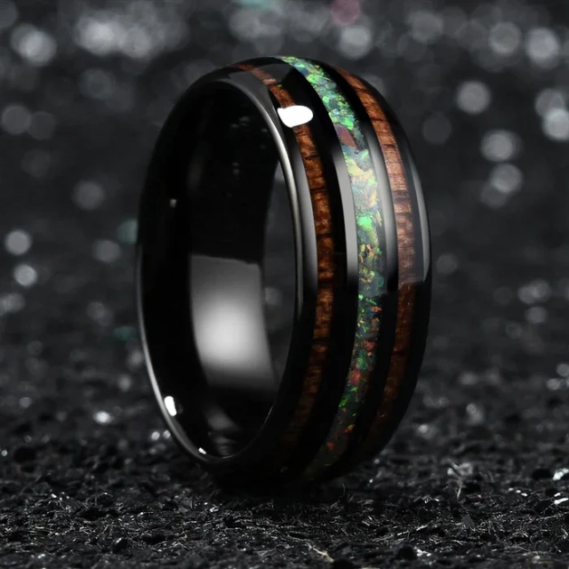 Wholesale Custom 8mm Black Tungsten Ring Colorful Crushed Opal Wood Inlay Fine Jewelry Rings Men Women Engagement Wedding Band