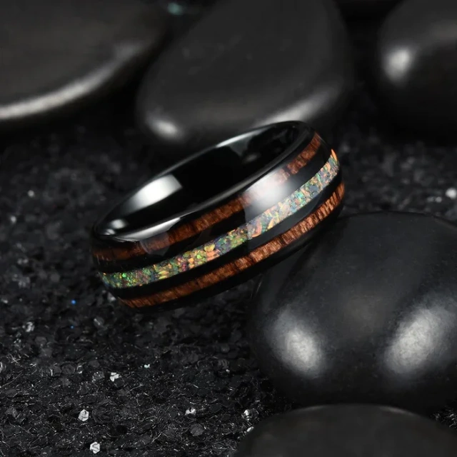 Wholesale Custom 8mm Black Tungsten Ring Colorful Crushed Opal Wood Inlay Fine Jewelry Rings Men Women Engagement Wedding Band