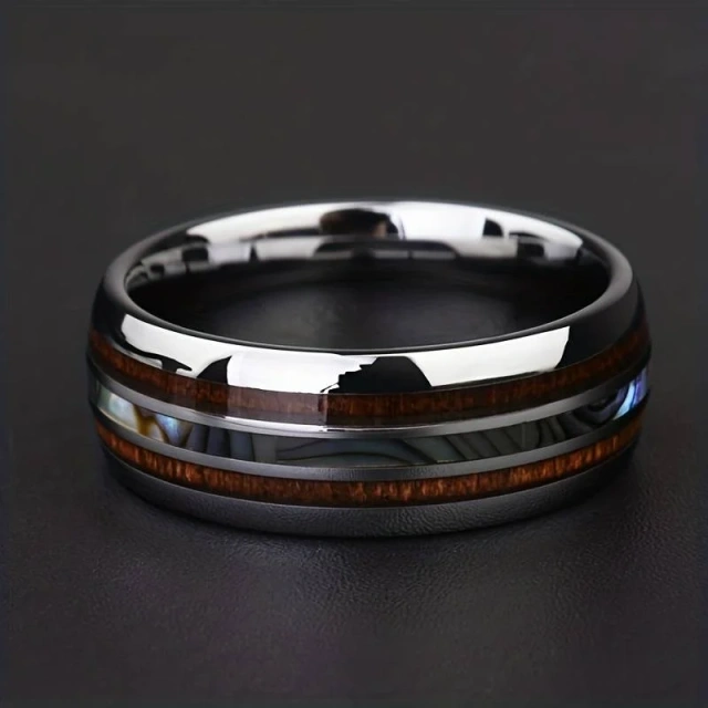 Factory Price Engrave Logo 8MM Silver Inlay Tungsten Ring Hawaii Style Wood Rings for Men Abalone Tungsten Ring Fine Jewelry