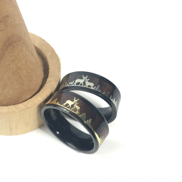 Wholesale 8mm Black Tungsten Finger Ring Men Women Fashion Engagement Wedding Band Antler Whiskey Barrel Koa Wood Inlay Comfort