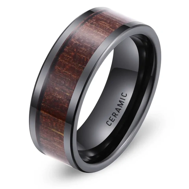 Ouyuan Fashion Jewelry 8mm Black Oak Wood Inlay Custom Ceramic Rings Tungsten Rings for Men Wedding Rings