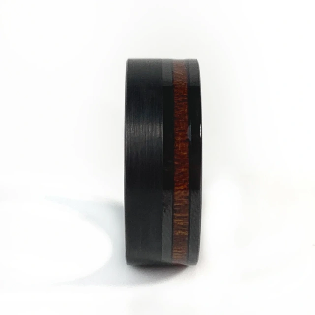 8mm Mens Wedding Black Tungsten Ring With Wood Offset Inlaid