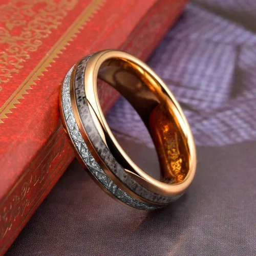 OEM Tungsten Carbide Wedding Band Inlay Imitated Meteorite Antler Rings 18K Rose Gold Tungsten Rings Men