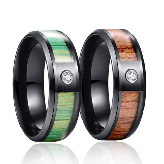 Guangzhou Fine Jewelry 8mm Tungsten Carbide Steel Men Ring Kao Wood CZ Stone Inlay Ring Wedding Rings Couple Set