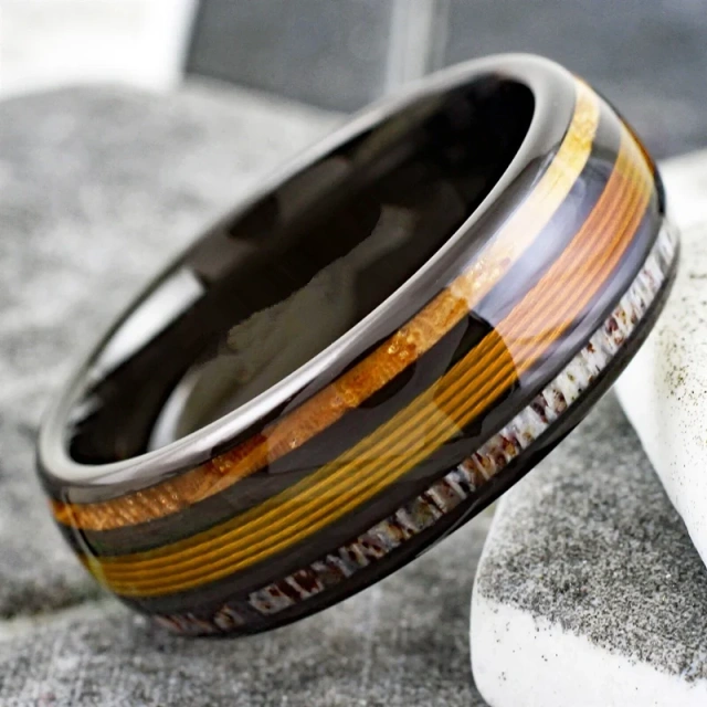 Fashion Yellow Fishing Line Ring With Elk Antler and Makore Wood Tungsten Carbide Blank Ring for Men