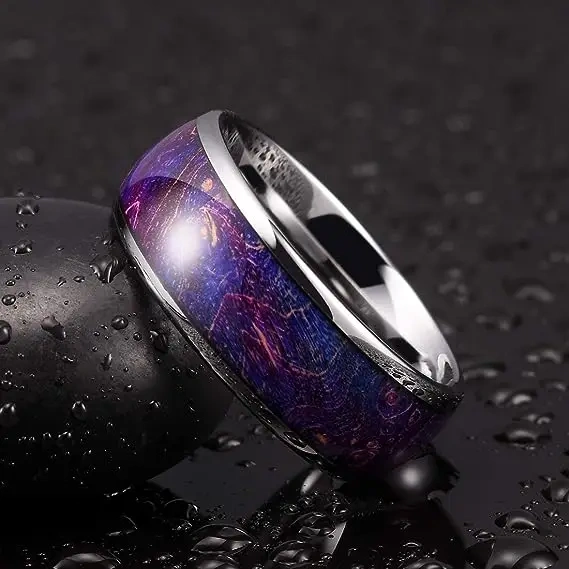 8mm Silver Tungsten Carbide Ring For Men Women Wedding Band Blue Dyed Elder Wood Inlay Domed Polished Comfort Fit