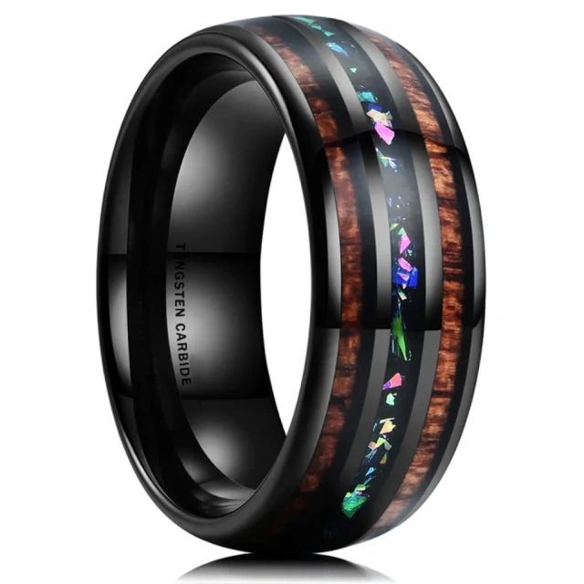 Wholesale Price Custom Jewelry 8mm Tungsten Ring Colorful Sticker Koa Wood Inlay Fine Jewelry Rings Engagement Wedding Band