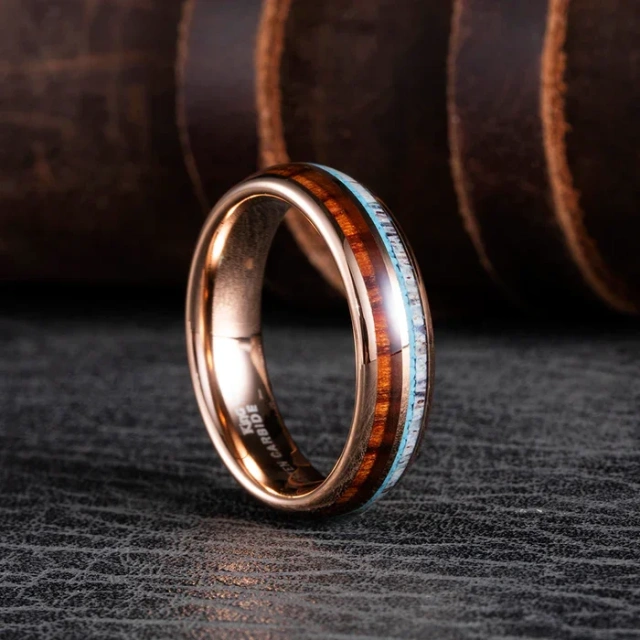 Wholesale 6mm Fine Jewelry Rings Antler Wood Opal Inlay Rose Gold Tungsten Ring Men Women Engagement Wedding Band