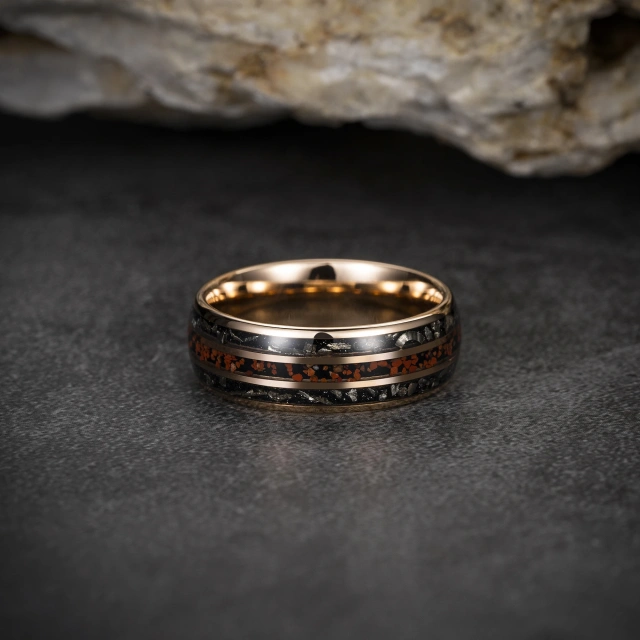 8MM Inlay Dinosaur Stone Meteorites Mens Womens 18K Rose Gold Tungsten Carbide Ring Rings for Men Fashion Jewelry Rings