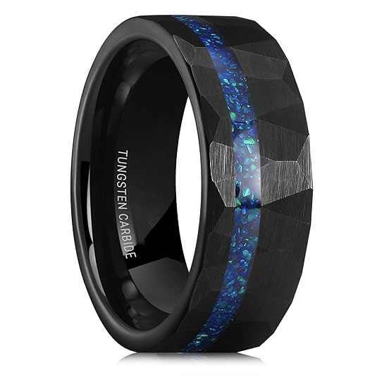 Wholesale Fashion Rings Jewelry 8mm Tungsten Rings for Men Blue Opal Inlay Brushed Hammered Promise Rings