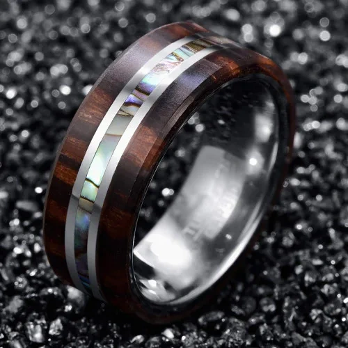 8mm Tungsten Ring for Men Women Black Abalone Shell Koa Wood Inlay Classic Fashion Jewelry for Engagement Wedding for Gift Party