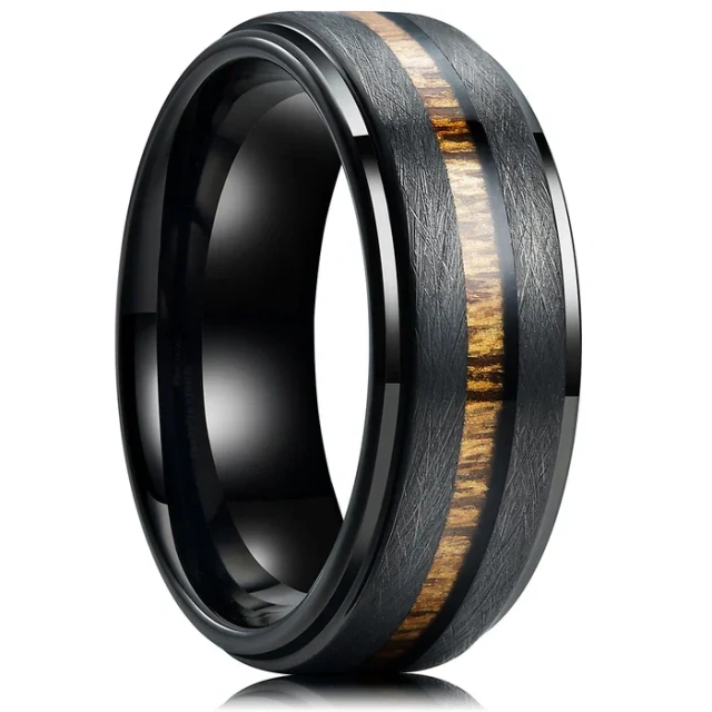 Fashion Jewelry Custom 8mm Stepped Edge Irregularly Brushed Center Teak Wood Inlay Black Tungsten Ring for Men Rings