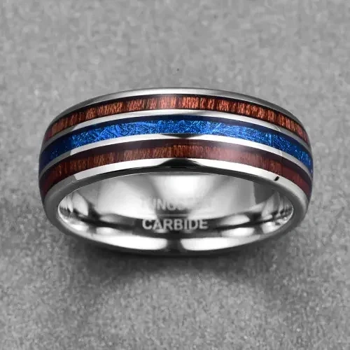 Hot Sale Fine Jewelry 8mm Natural Wood Inlay Men Silver Tungsten Ring comfort Fit