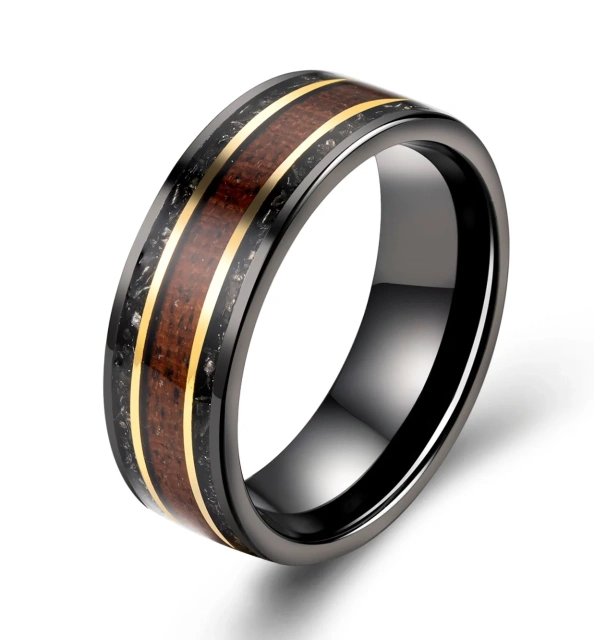 Koa Wood Black Meteorite Tungsten Carbide Rings With Coffee Plating