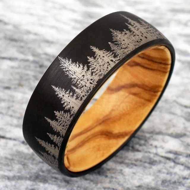 Customizable 6mm 8mm Tungsten Carbide Wedding Engagement Rings Trendy Forest Pattern Whiskey Barrel Wood Ring Sleeve for Parties
