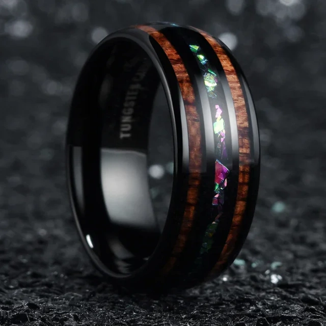 Wholesale Price Custom Jewelry 8mm Tungsten Ring Colorful Sticker Koa Wood Inlay Fine Jewelry Rings Engagement Wedding Band