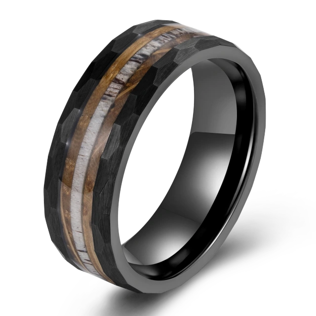Popular Custom Design Tungsten Jewelry 8mm Hammered Tungsten Whiskey Barrel Ring Tungsten Antler Ring Men Rings
