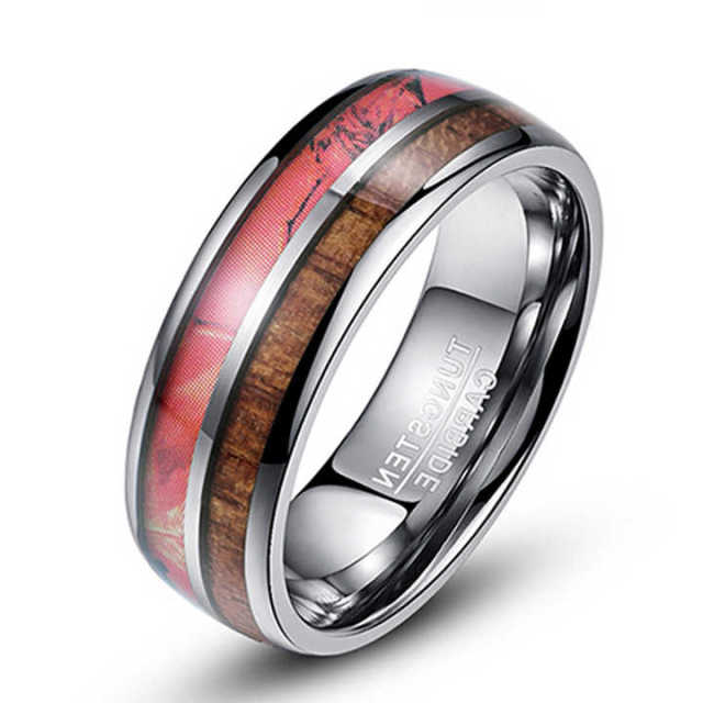 Factory Direct Sales Silver 8mm Tungsten Carbide Finger Ring Koa Wood Inlay Couple Engagement Wedding Bands