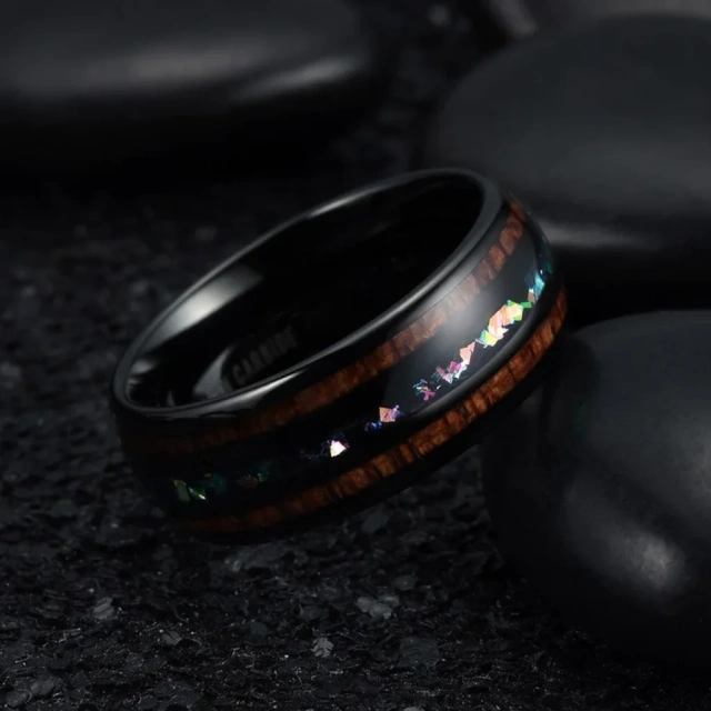 Wholesale Price Custom Jewelry 8mm Tungsten Ring Colorful Sticker Koa Wood Inlay Fine Jewelry Rings Engagement Wedding Band