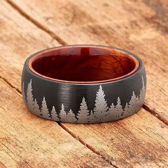 Ouyuan Jewelry Tungsten Ring 8mm Rose Gold Plated Whisky Wood Sleeve Inlay Black Brushed Laser Tree Wedding Band for Men