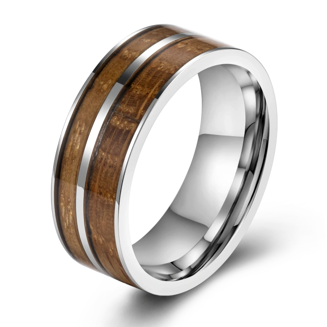 China Factory Sell Silver Plated Wood Inlay Wedding Band Men Tungsten Ring Inlay Whisky Wood and Koa Wood comfort It Ring