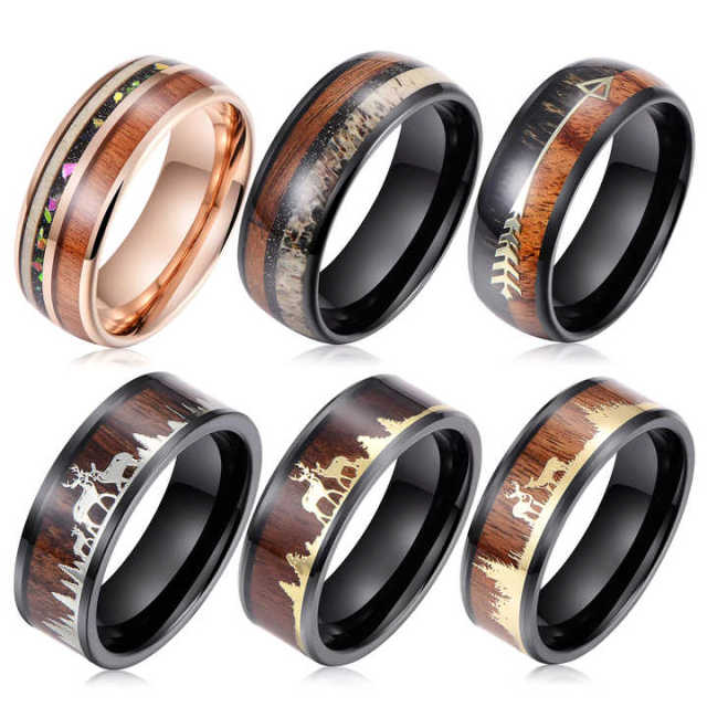 8mm Antlers Tungsten Carbide Rings Vintage Men Rings Wood Inlay Galaxy Rings