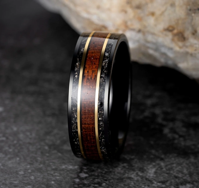 Koa Wood Black Meteorite Tungsten Carbide Rings With Coffee Plating
