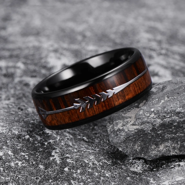 Factory Direct Sales  Wholesale Jewelry Rings 8mm Koa Wood Arrow Inlay Black Tungsten Ring for Men Rings Comfort Fit